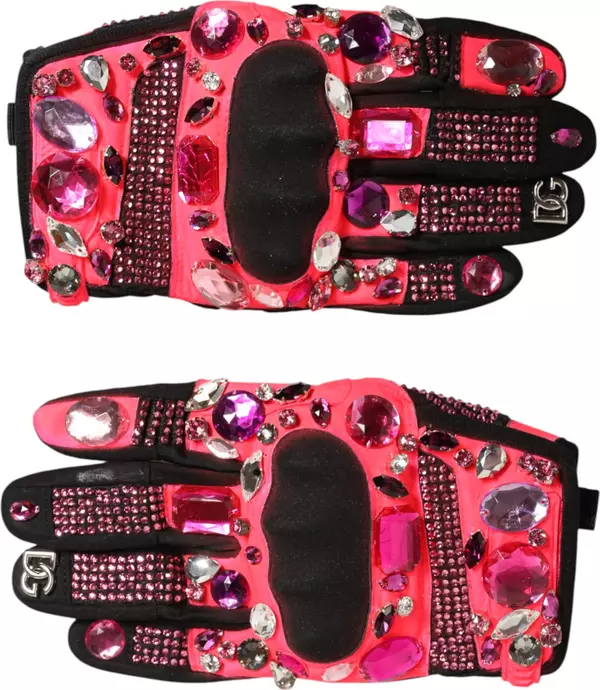 Black Pink Crystal Wrist Length Mitten Gloves