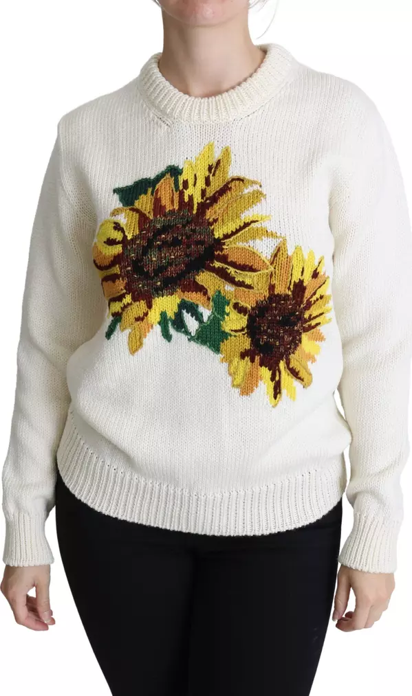 White Floral Wool Pullover Sunflower Sweater
