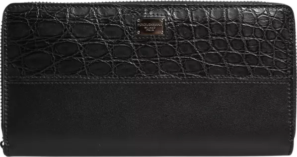 Black Leather Logo Plaque Zip Around Continental Wallet