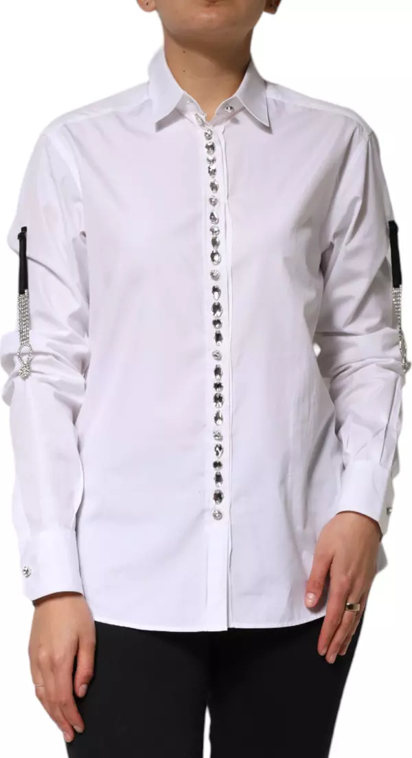 White Crystal Embellished Dress Shirt Top