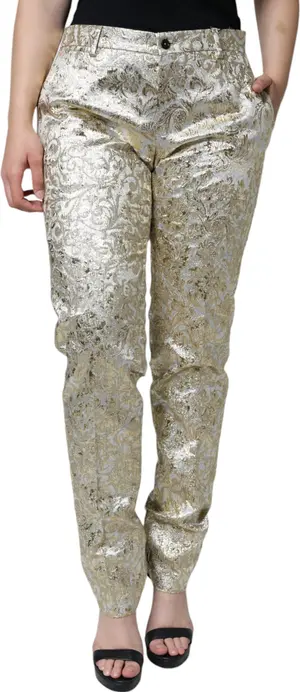 Gold Cotton Floral Jacquard Tapered Pants