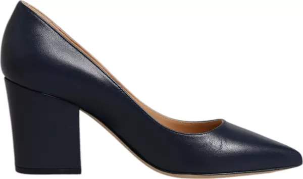 Blue Leather Pointed Toe Block Heels Shoes