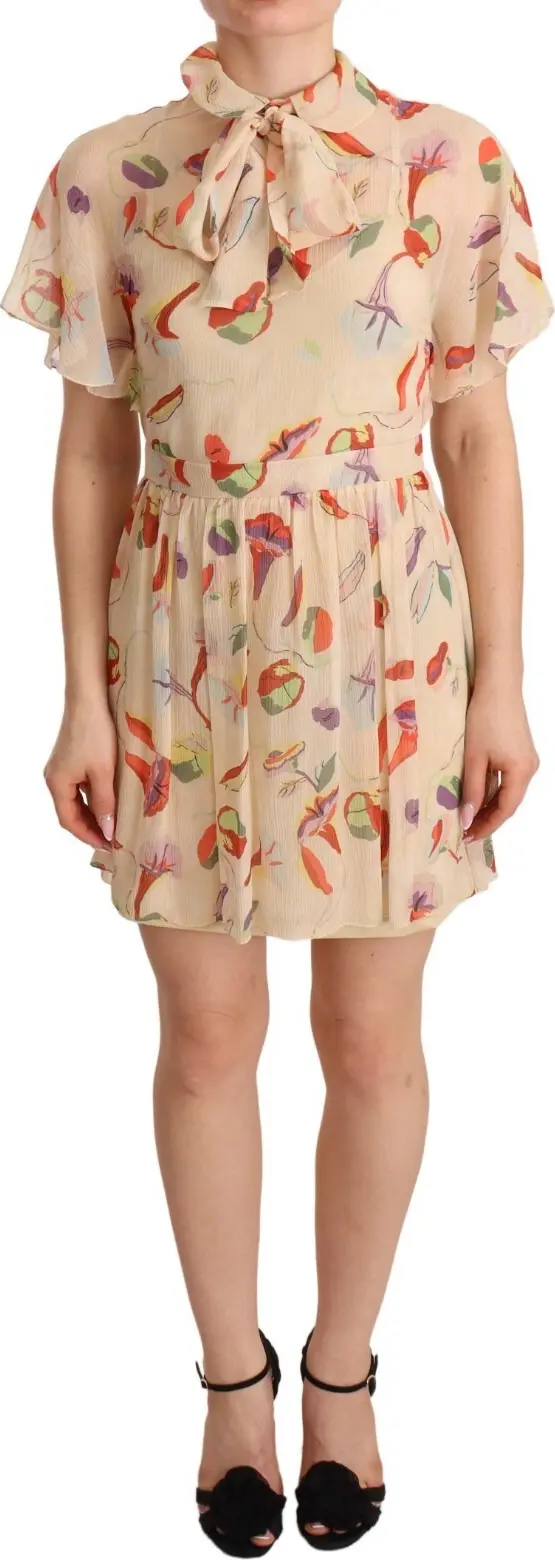 Beige Ascot Collar Short Sleeves Aline Mini Dress