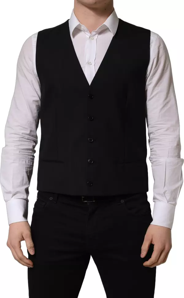 Black Wool Single Breasted Waistcoat Vest