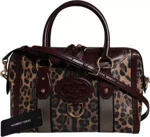 Brown Leopard Leather Shoulder Strap Duffle Bag