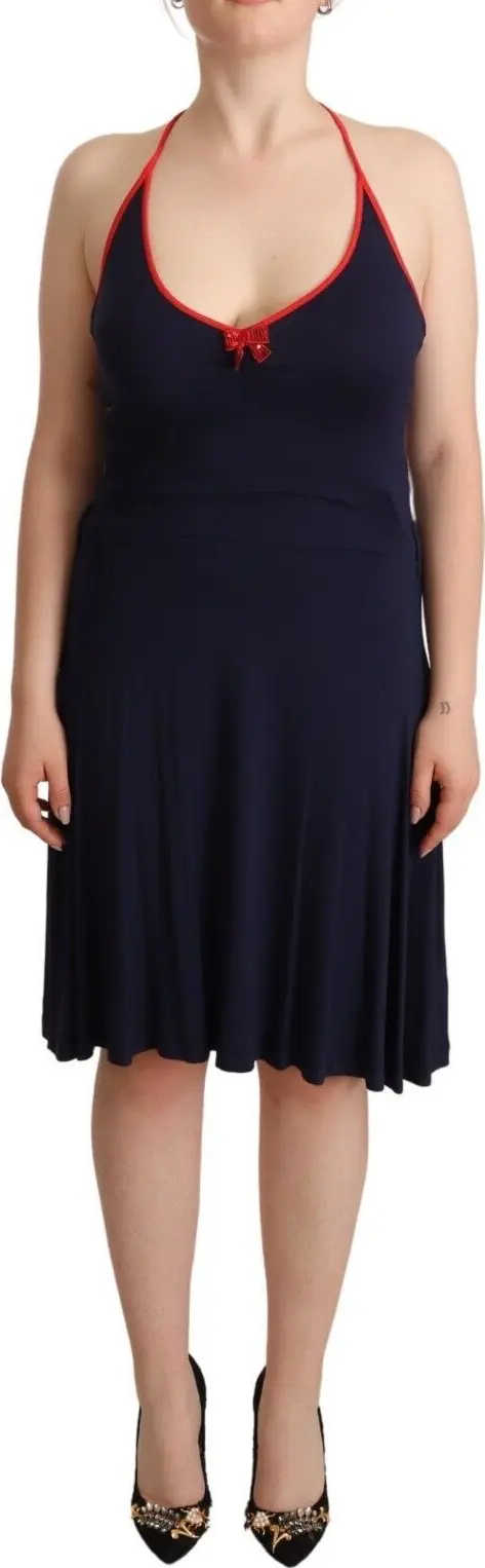 Navy Blue Sleeveless Halter Sheath Midi Dress