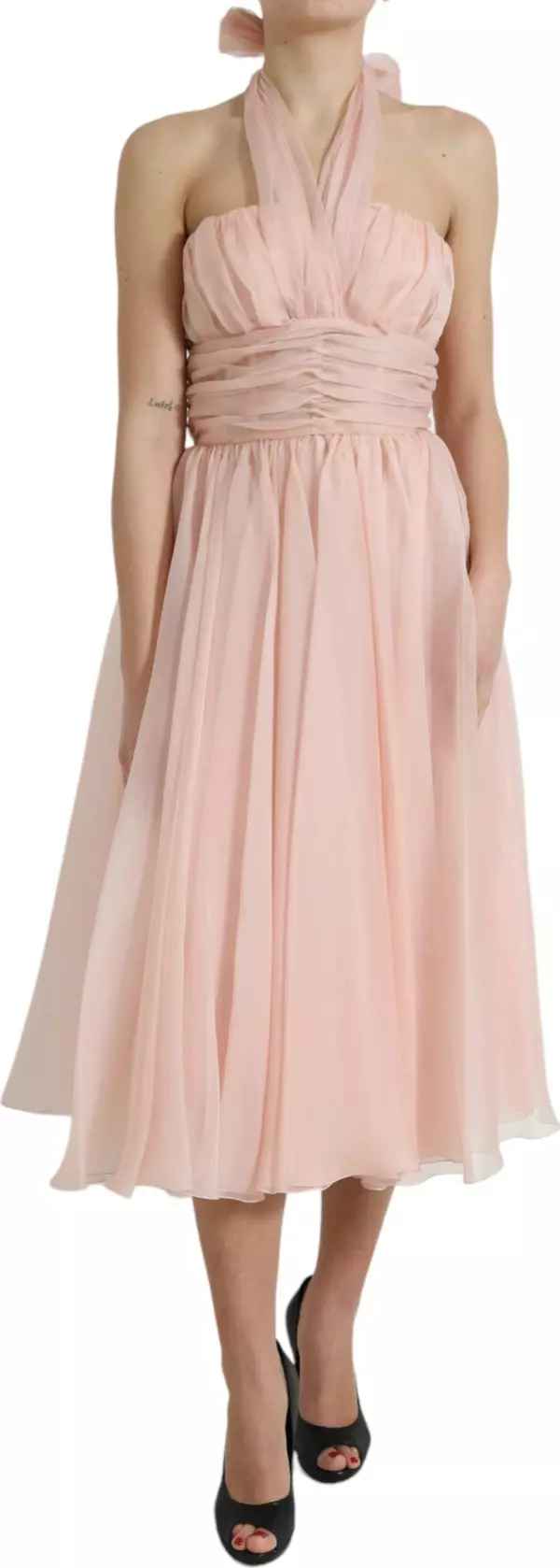 Pink Silk Chiffon Halter A-line Pleated Midi Dress