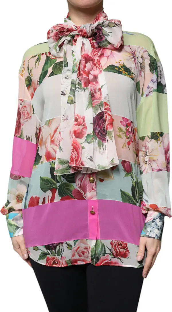 Multicolor Floral Patchwork Ascot Collar Top