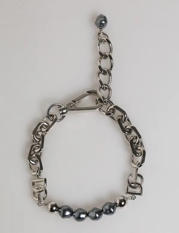 Silver Tone Chain Lobster Clasp Logo Gray Pearls Bracelet