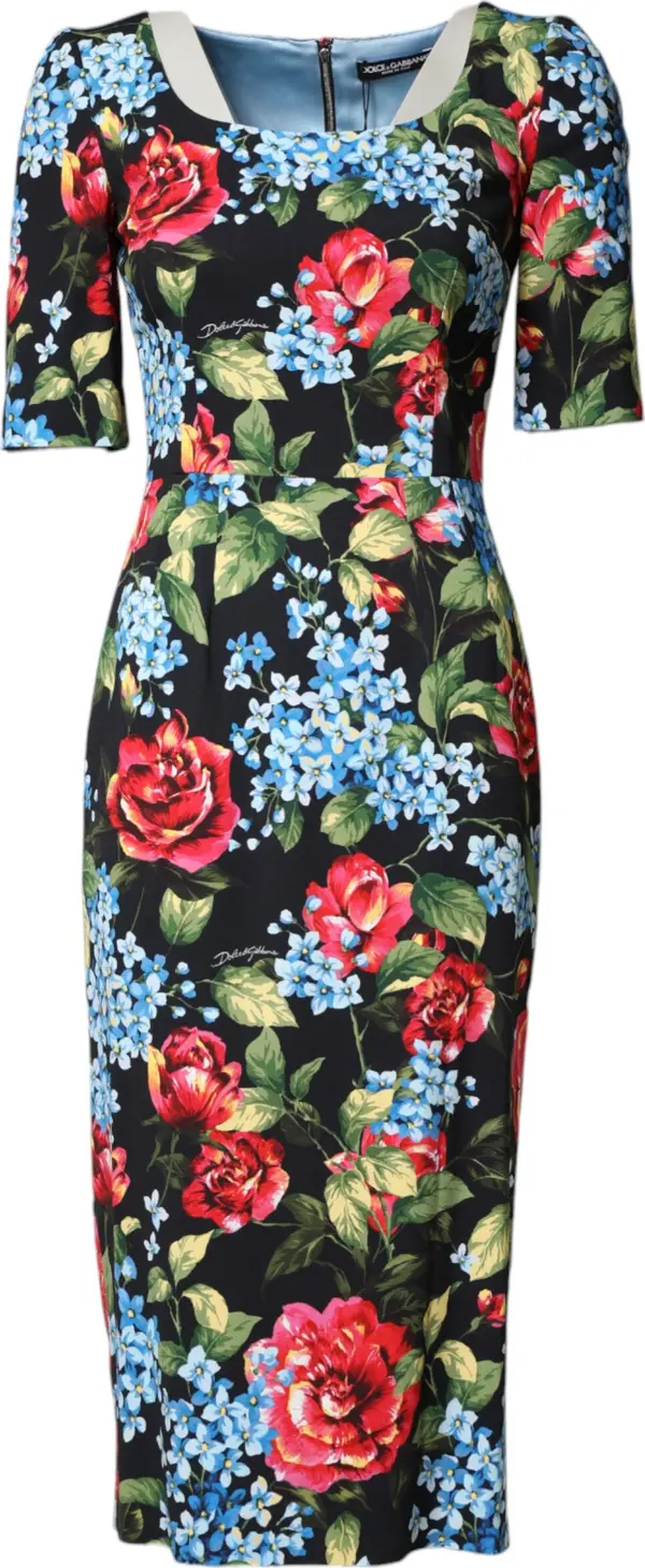 Black Floral Print Viscose Sheath Midi Dress
