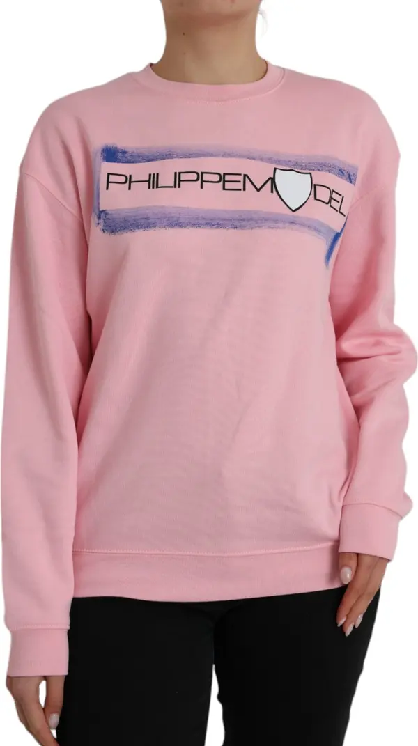 Pink Cotton Logo Print Long Sleeves Pullover Sweater