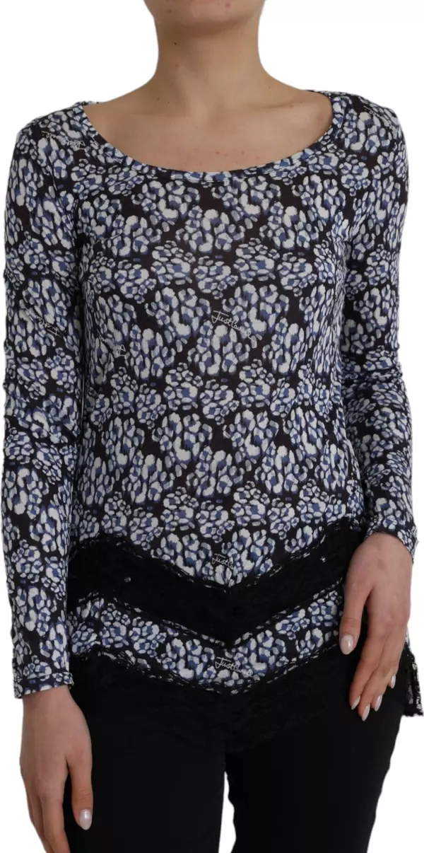 Blue Floral Lace Long Sleeves Top Underwear Blouse