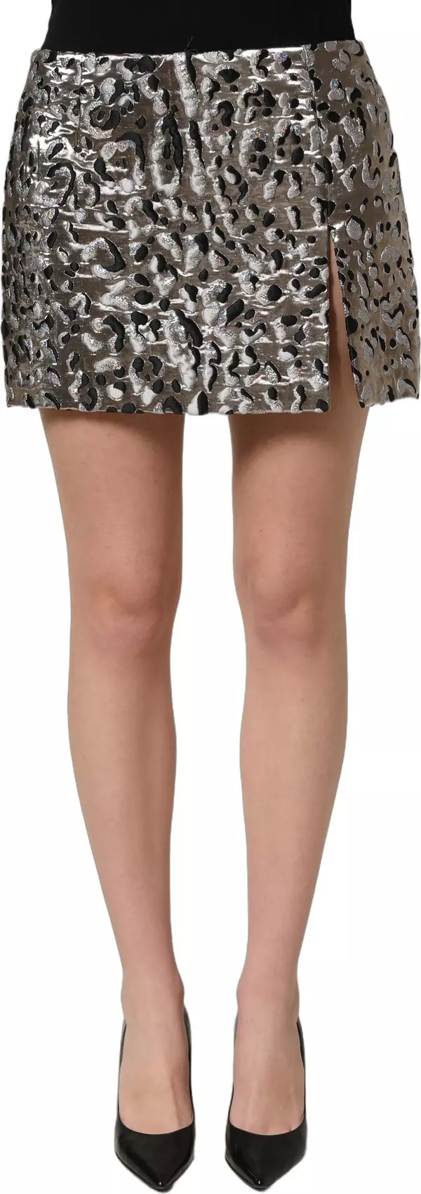 Silver Leopard Jacquard Mid Waist Mini Skirt