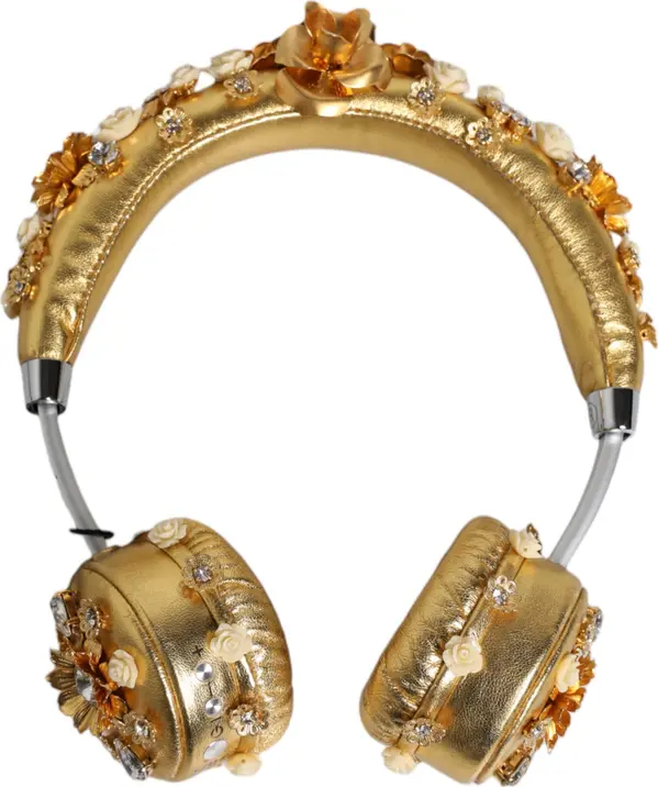 Gold Leather Floral Crystal Angel Headset Headphones