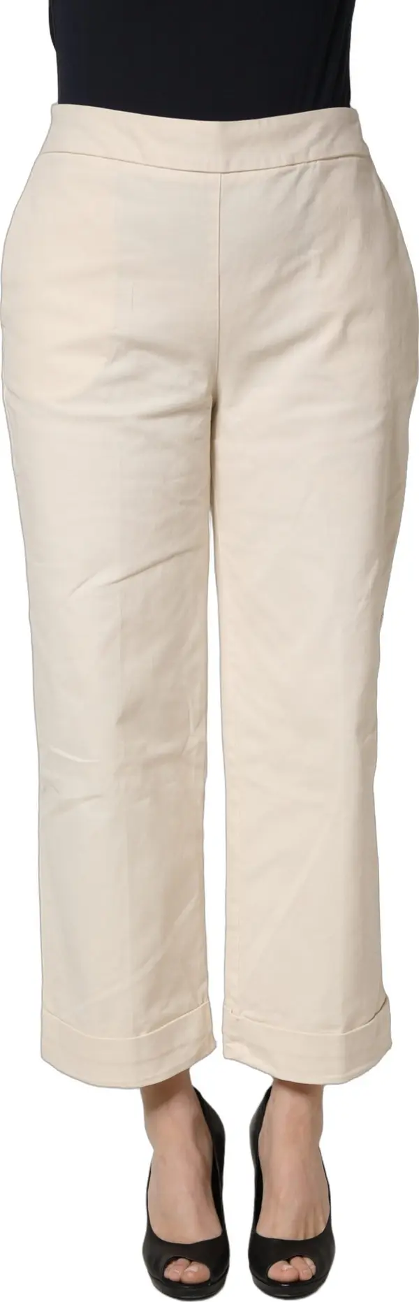 Beige High Waist Straight Capri Cropped Trouser Pants