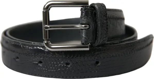 Black Exotic Leather Silver Metal Buckle Belt