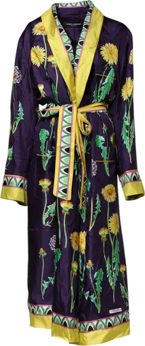 Blue Floral Print Silk Long Sleeves Wrap Robe
