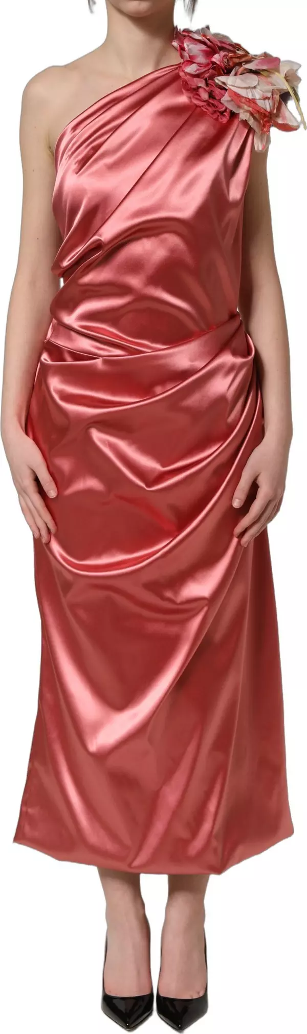 Pink Draped Midi Flower Appliques Dress