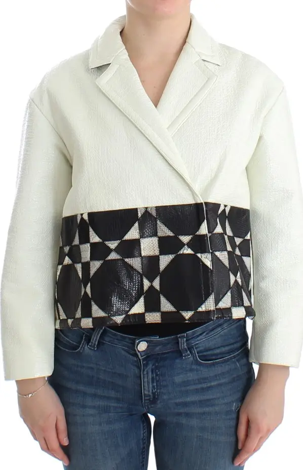White Black Cropped Leather Jacket