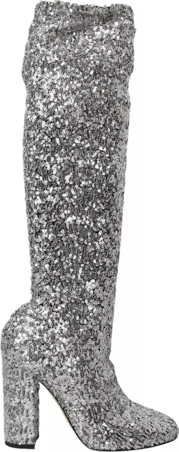 Silver Sequined High Boots Stretch Shoes