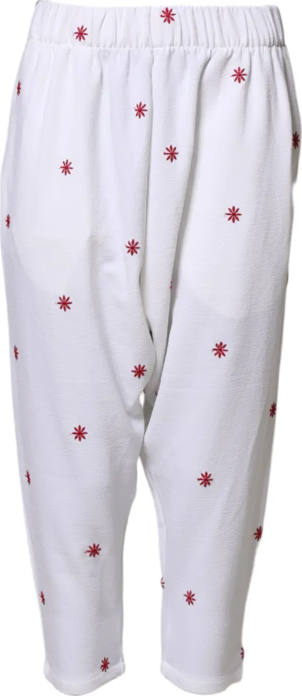 White Floral Tapered High Waist Cropped Pants