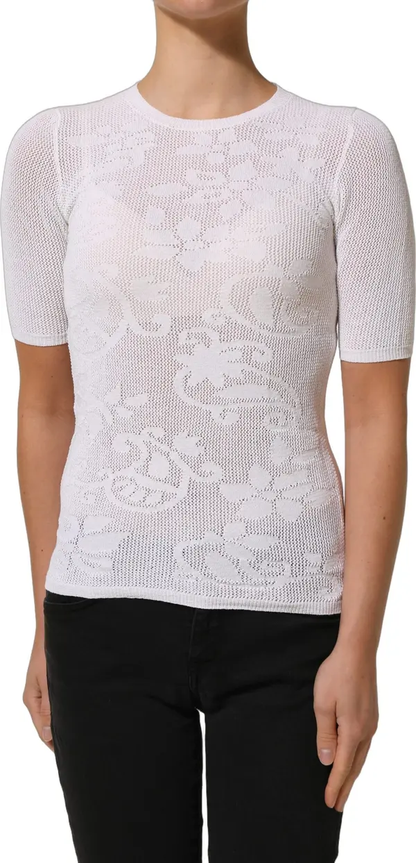 White Floral Lace Knit Fabric Short Sleeves Blouse Top