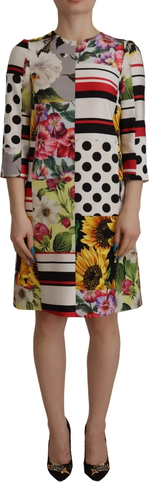 Multicolor Pachwork Charmeuse Floral Shift Dress