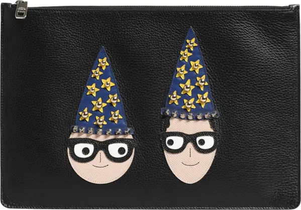 Black Leather #DGFAMILY Embellished Men Clutch Pouch Bag