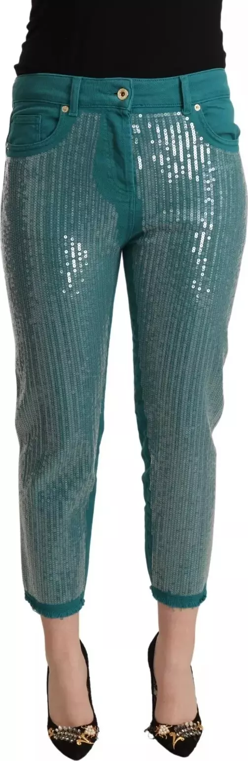 Cadet Blue Sequined Low Waist Cropped Trouser Pants