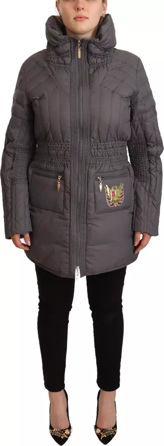 Gray Quilted Long Sleeves Logo Patch Full Zip Jacket