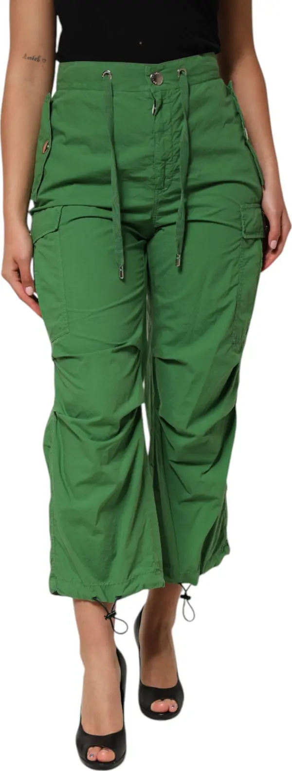 Green Cotton High Waist Cargo Trouser Pants