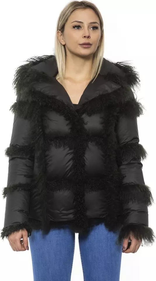Black Poly Jacket with Lamb Fur Hood for Women