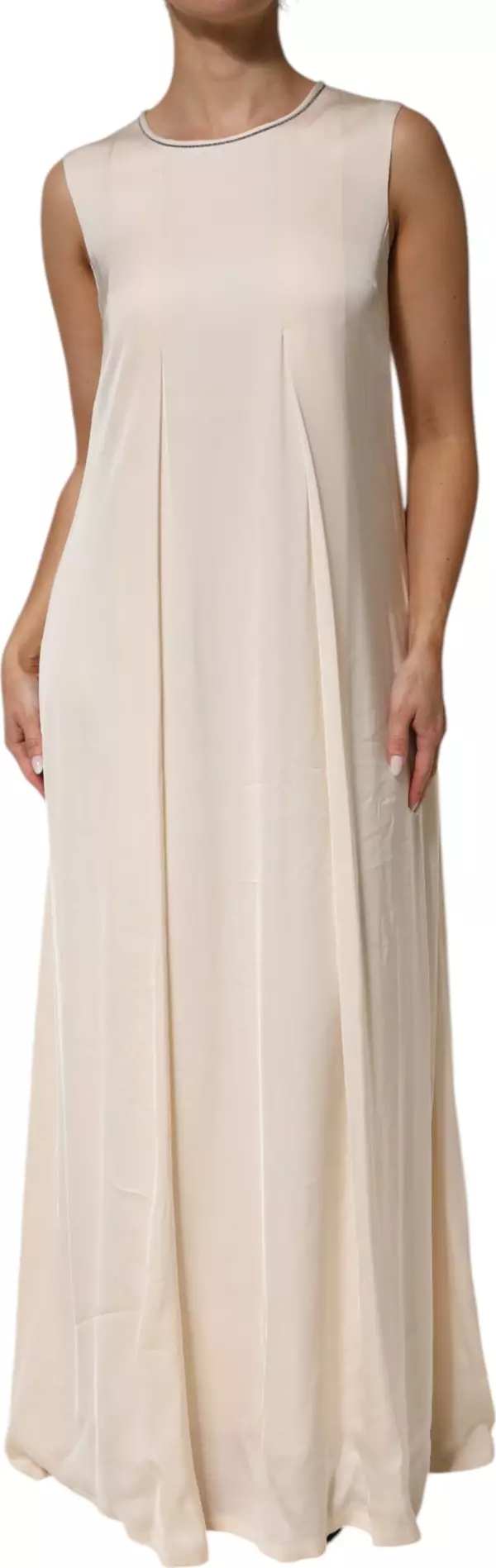Beige Viscose Pleated Sleeveless Long Maxi Dress