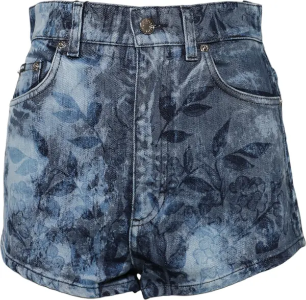 Blue Floral Print Denim Cotton Hot Pants Shorts