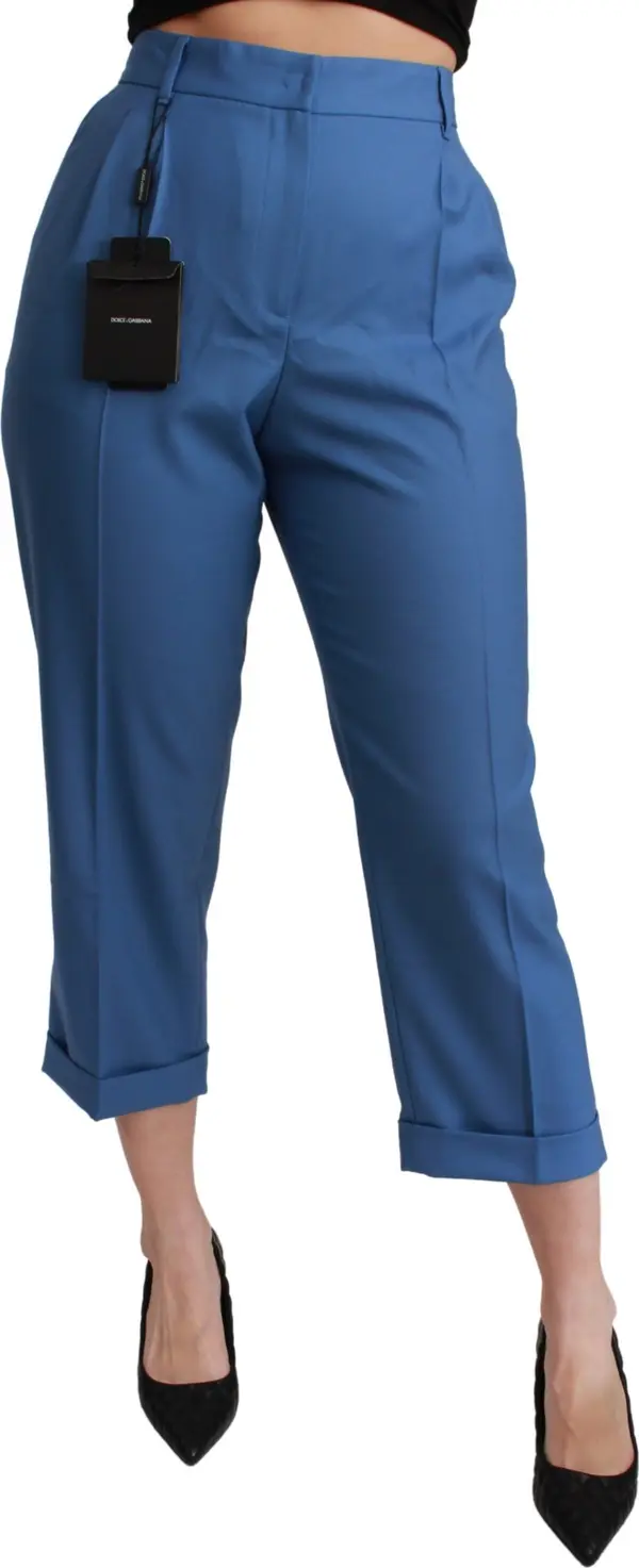 Blue Pleated Wool Cuffed Cropped Trouser Pants