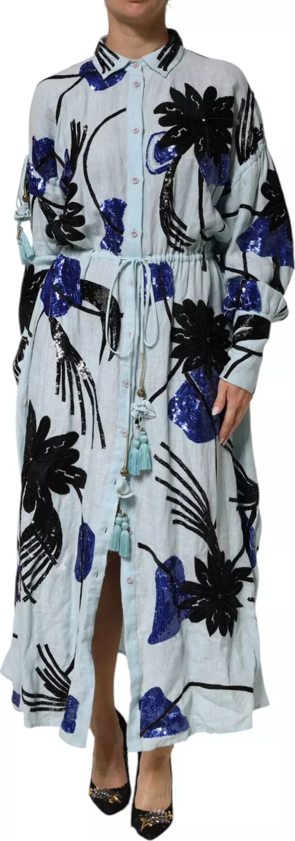 Blue Sequin Embellished Shirt Maxi Dress