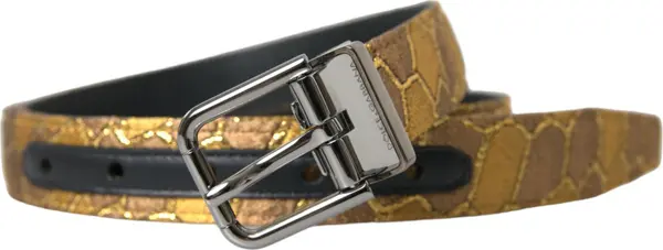 Gold Leather Jacquard Silver Metal Buckle Belt