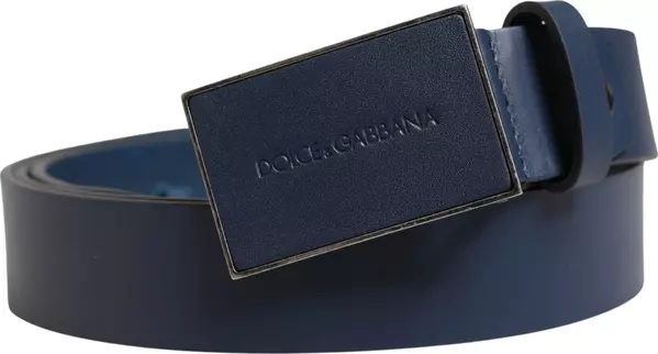 Dark Blue Calf Leather Logo Metal Buckle Belt