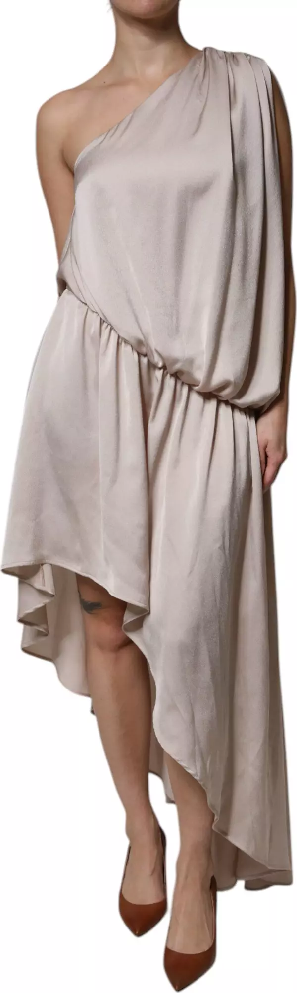 Beige One Shoulder Asymmetric Drape Dress
