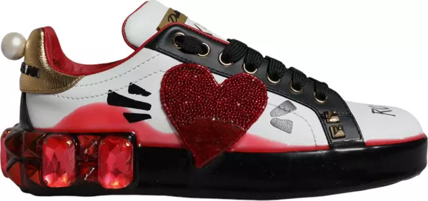 White Red Crystals Leather Portofino Sneakers Shoes