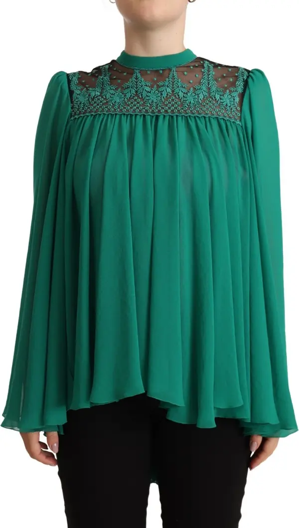 Green Lace Polyester Long Sleeves Pleated Top Blouse