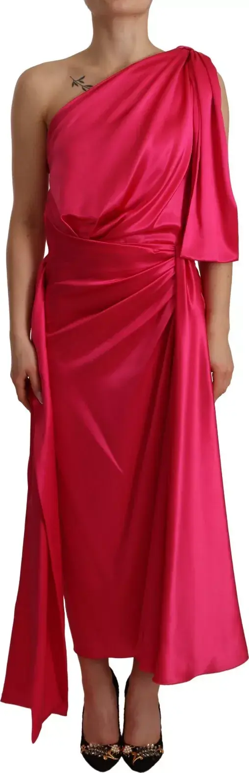 Silk Pink Fitted Cut One Shoulder Midi Dress