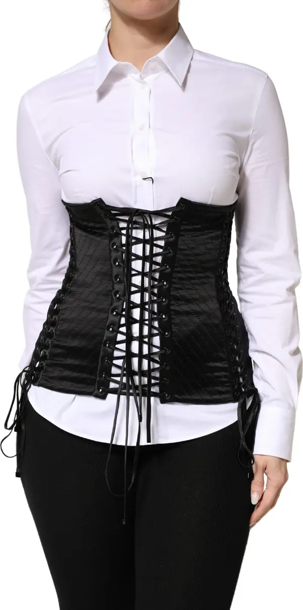 Black Silk Lace-Up Waist Cincher Corset Top