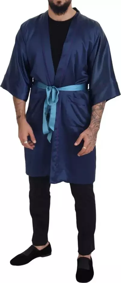 Blue Satin Silk Waist Belt Robe Jacket