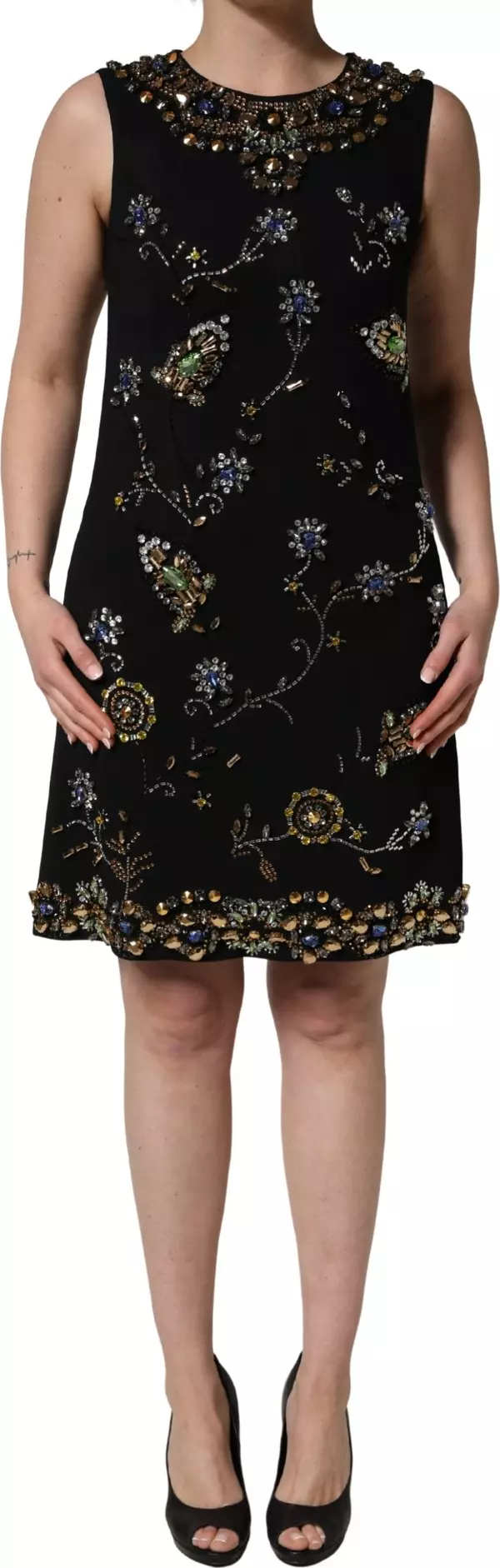 Black Sleeveless Floral Bead Embellishments Dress