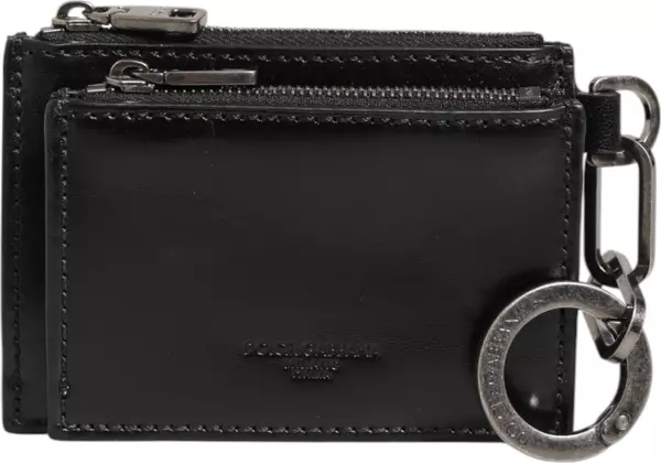 Black Leather Zipped Card Holder Coin Purse Keyring Wallet