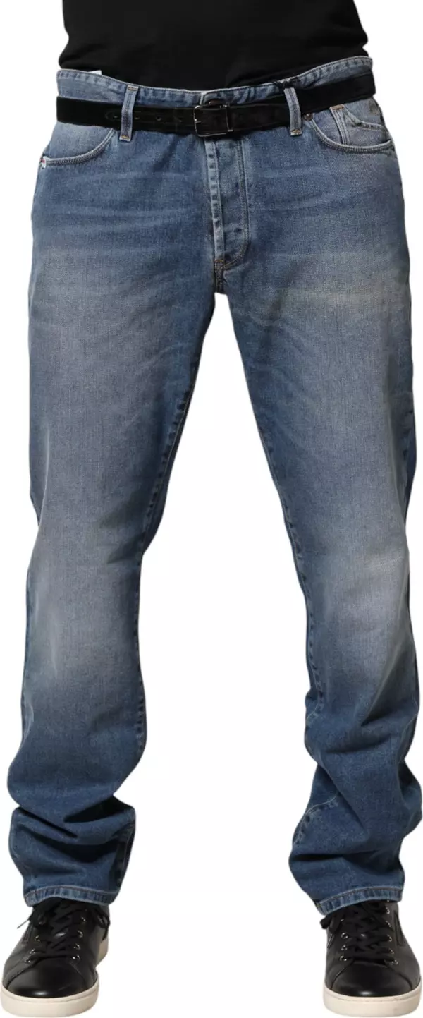 Blue Washed Mid Waist Straight Men Denim Trouser Jeans
