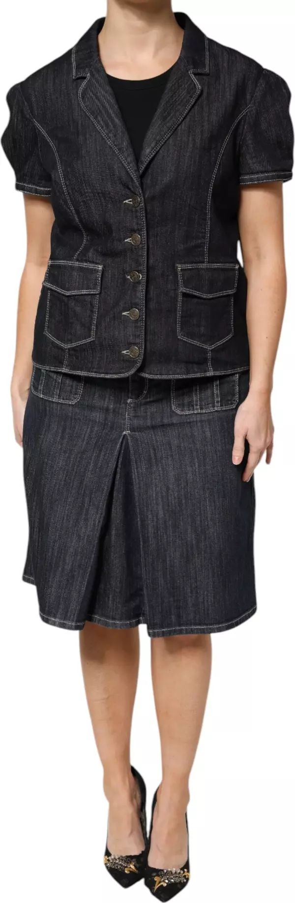 Black Cotton Blend Denim Top Skirt Casual Set