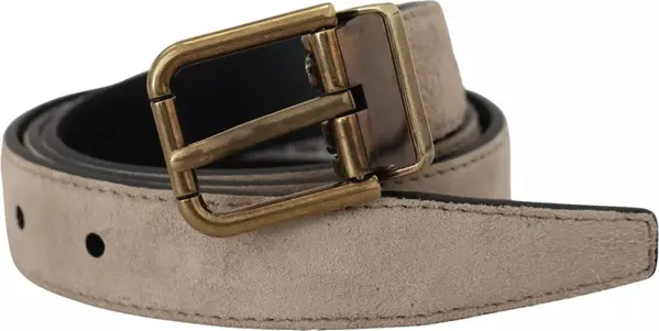 Beige Velvet Leather Gold Tone Metal Buckle Belt