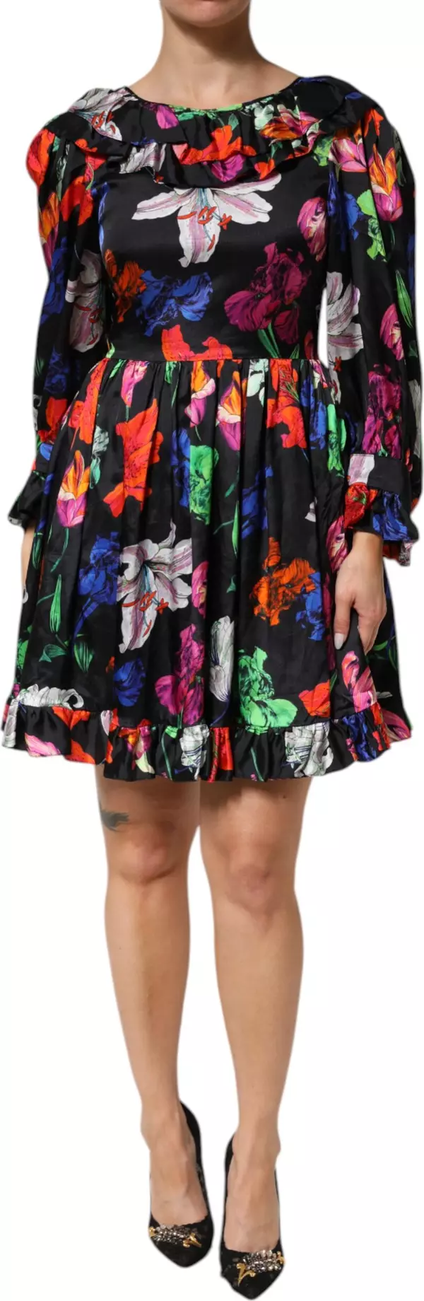 Dress Black Multicolor Floral Ruffle Long Sleeve Mini Dress